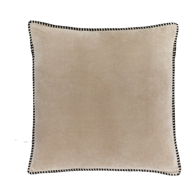 Gallery Direct Nicvane taupe cotton velvet square cushion with contrasting black whip stitch trim around all edges, shown on a plain background.