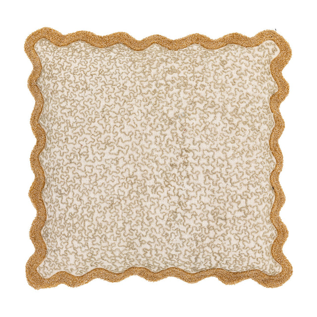 Gallery Direct Tabvane feather filled square cushion in natural cotton with printed squiggle pattern and tufted scalloped border on a white background.