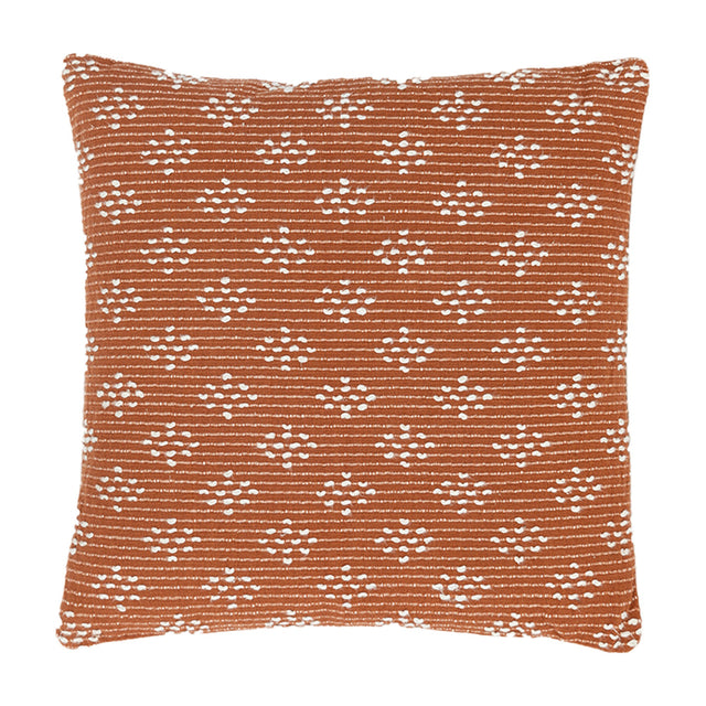 Gallery Direct Lanvane Woven Cushion in terracotta cotton, square shape with fine horizontal ribbing and scattered ivory dot motifs on a white background.