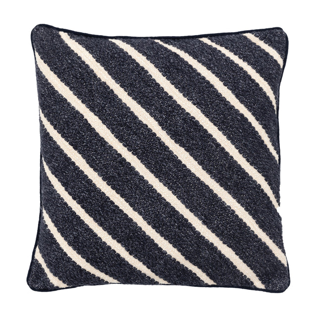 Gallery Direct Hemvane Stripe Woven Cushion in ink blue and cream, square with diagonal chunky woven stripes and piped edge, on a white background.