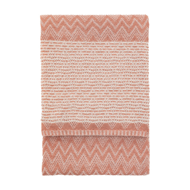 Gallery Direct Nalvane knitted throw in apricot and cream with herringbone zigzag borders and a finely striped centre, folded on a white background.