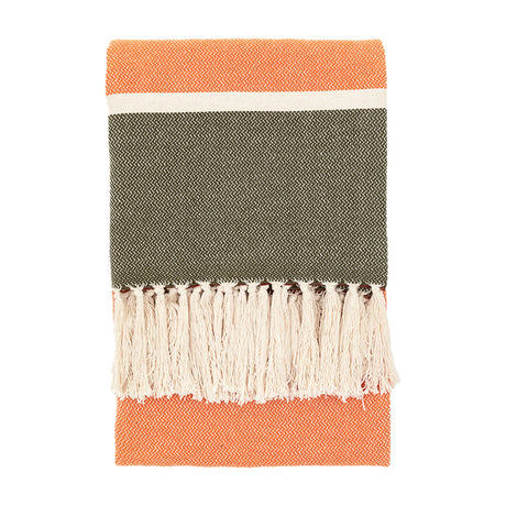 Crosshatch Woven Throw with Tassels – Green & Orange