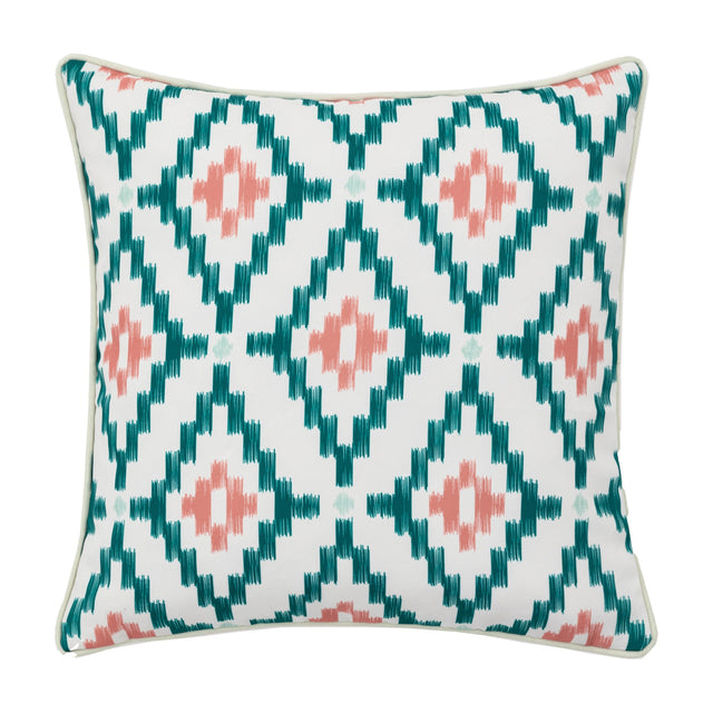 Gallery Direct Arovane square cushion with green ikat diamond print and pink motifs on white, finished with contrast piping, on a plain background.