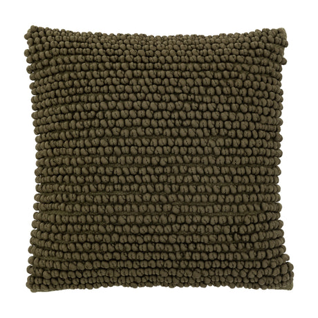 Gallery Direct Pinvane Textured Bobble Cushion in olive green, square cotton and polyester cushion with densely looped bobble front on a plain background.