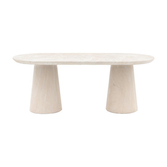 Gallery Direct Pedvane Oval Dining Table in glass reinforced concrete with a cream travertine-effect top and twin cone pedestal bases on a white background.