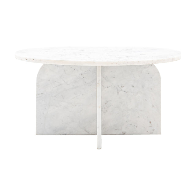 Gallery Direct Amrisse round white marble coffee table with polished top on twin arched slab pedestal base, shown on a plain white background.