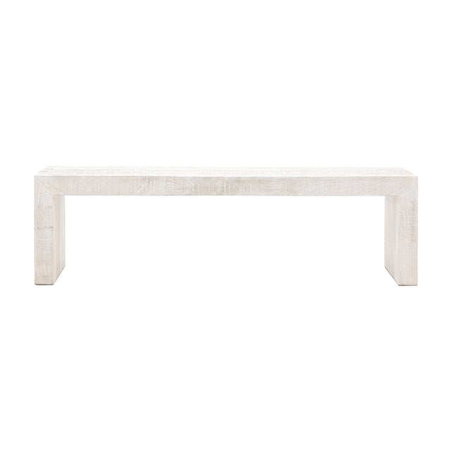 Gallery Direct Iovane Dining Bench in whitewashed mango wood with a waterfall design, square edges and visible grain, shown on a plain white background.