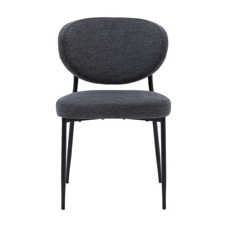Gallery Direct Opvenne charcoal woven fabric dining chair with rounded padded back, cushioned seat, and slim tapered black iron legs on a white background.