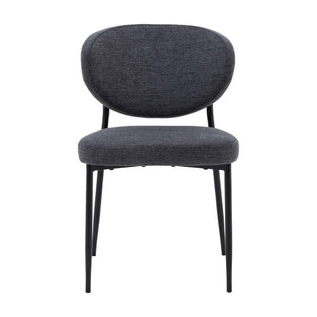 Gallery Direct Opvenne charcoal woven fabric dining chair with rounded padded back, cushioned seat, and slim tapered black iron legs on a white background.