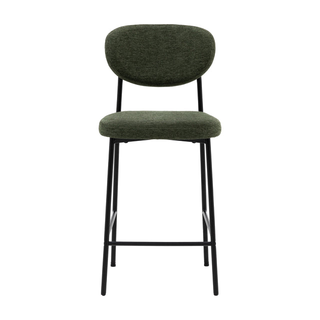 Gallery Direct Opvenne Upholstered Counter Stool in green woven fabric with rounded back, padded seat and slim black iron frame on a plain background.
