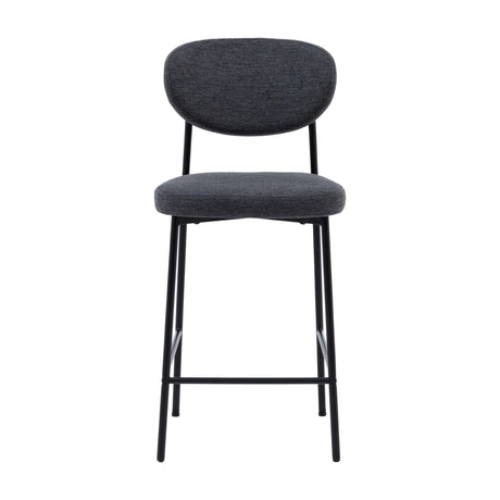 Gallery Direct Opvenne counter stool in charcoal woven fabric with rounded padded back, cushioned seat and slim black iron frame on a white background.