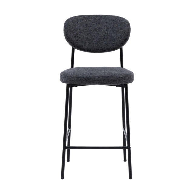 Gallery Direct Opvenne counter stool in charcoal woven fabric with rounded padded back, cushioned seat and slim black iron frame on a white background.