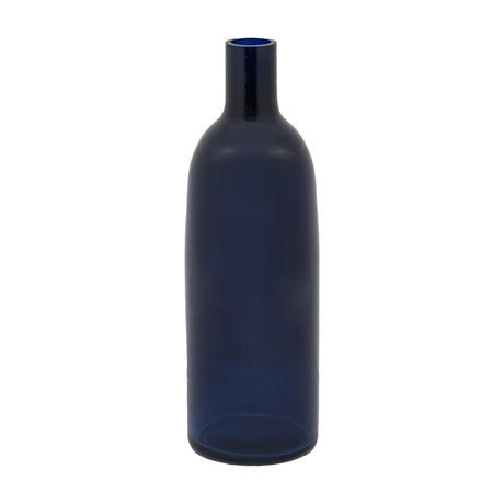 Gallery Direct Santvane Glass Bottle Vase in deep ink blue with a matt finish, rounded body and slim narrow neck, shown on a white background.