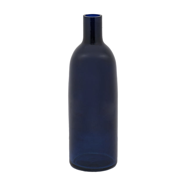 Gallery Direct Santvane Glass Bottle Vase in deep ink blue with a matt finish, rounded body and slim narrow neck, shown on a white background.