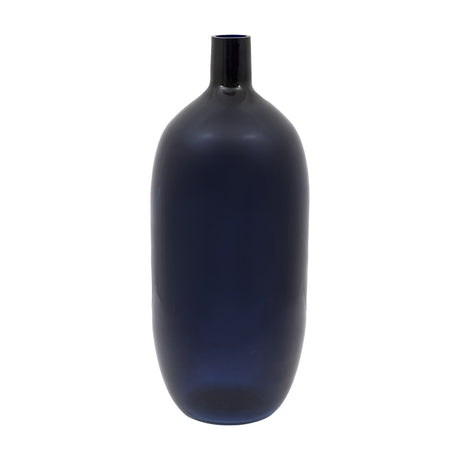 Gallery Direct Santvane Ink glass bottle vase with rounded body, slim tapered neck and matt deep blue finish, shown on a plain white background.