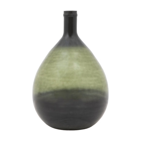 Gallery Direct Ruevane Giant Glass Bottle Vase in olive green with a teardrop body, tapered neck and graduated dark shoulder and base, on white.
