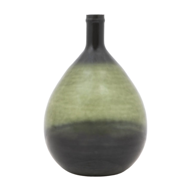 Gallery Direct Ruevane Giant Glass Bottle Vase in olive green with a teardrop body, tapered neck and graduated dark shoulder and base, on white.
