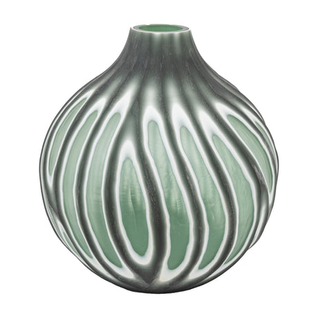 Gallery Direct Morvorne Swirl hand carved glass vase in sage green with white vertical swirl pattern and narrow neck, on a white background.