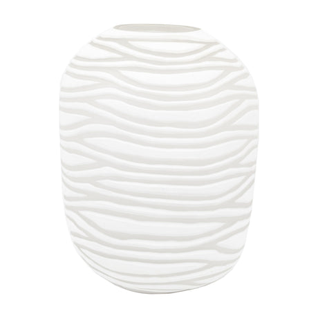 Gallery Direct Andvorne handblown white glass vase with a rounded capsule shape and carved horizontal wave pattern, shown on a plain white background.
