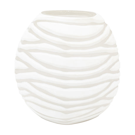 Gallery Direct Andvorne handblown glass vase in white with a rounded capsule shape and carved horizontal wave ridges, on a plain white background.