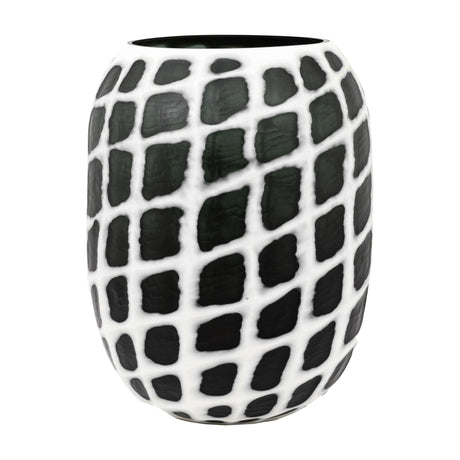 Gallery Direct Valvenne handblown glass vase with a carved white grid over a dark green body, rounded tapered shape, on a plain white background.
