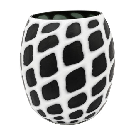 Gallery Direct Valvenne handblown glass vase with carved white grid over dark green body, rounded tapered form, shown on a plain background.