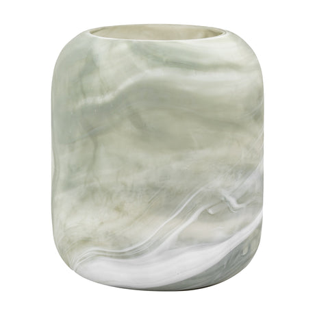 Gallery Direct Caldvane handblown glass vase in sage with marbled cream and white swirls and a frosted rounded body, on a plain white background.
