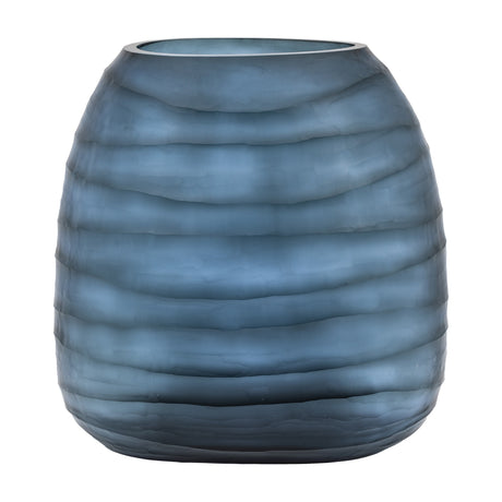 Gallery Direct Sintvane handblown glass vase in ink blue, with hand-carved horizontal ridges and a frosted matt finish, on a white background.
