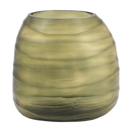 Gallery Direct Sintvane handblown glass vase in olive green with a rounded barrel shape, wide mouth and hand-carved frosted ridges, on a white background.