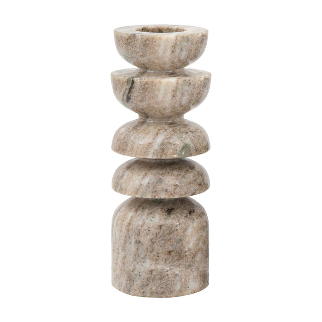 Gallery Direct Azuvane Marble Tealight Candlestick in sandstone tones with sculptural stacked tiers and natural veining, shown on a plain white background.