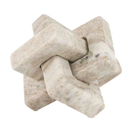 Gallery Direct Amvorne Interlocking Link Marble Sculpture in sandstone tones with cream and brown speckling, forming a compact geometric knot.