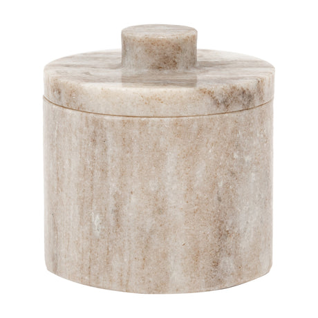 Gallery Direct Tarvorne cylindrical beige marble storage jar with a close-fitting lid and rounded central knob, shown on a plain white background.
