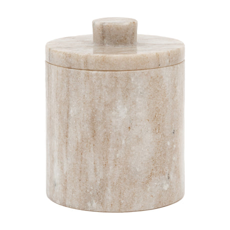 Gallery Direct Tarvorne beige marble storage jar with cylindrical body, close-fitting lid and rounded central knob, shown on a plain white background.