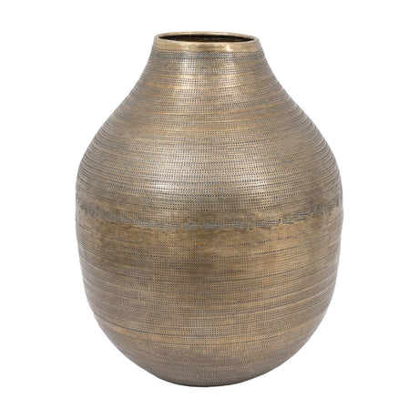 Gallery Direct Zaharvane hammered aluminium vase in antique brass with a rounded body, short open neck and woven-effect texture, on a white background.