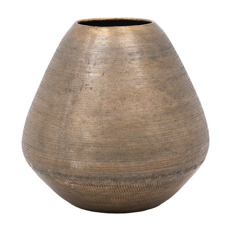 Gallery Direct Chatvane Artistic Aluminium Vase in antique brass, bellied floor vase with woven upper texture and hammered base, on a white background.