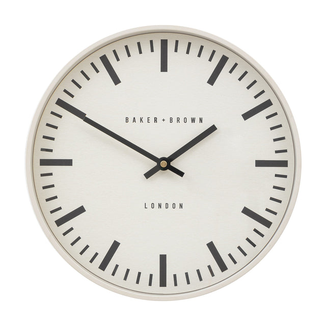 Gallery Direct Clarvenne round wall clock in putty with cream dial, black baton markers, slim hands and glass lens on a white background.