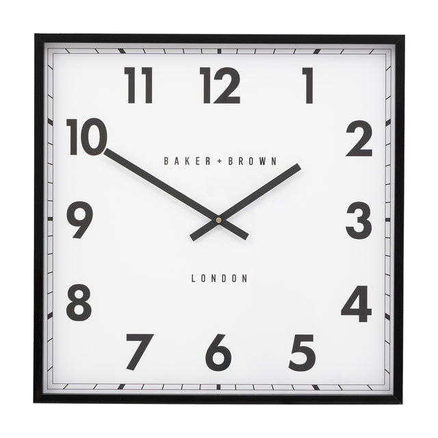 Gallery Direct Buxvorne Square Wall Clock with black frame, white dial, bold black numerals and slim baton hands, shown on a plain white background.