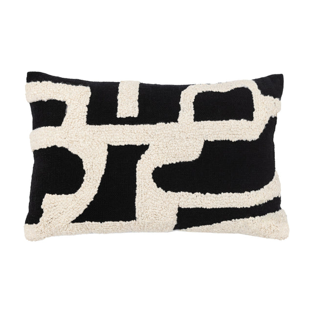 Gallery Direct Kalvane Embroidered Cushion in Midnight, a rectangular lumbar cushion with tufted off-white abstract line pattern on black cotton.
