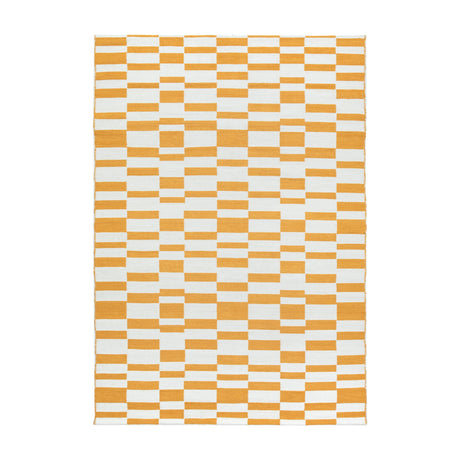 Gallery Direct Kingvane Jacquard Rug in mustard and off-white, with a geometric block and square pattern in a flat low pile.