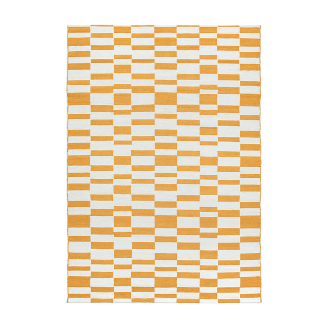 Gallery Direct Kingvane Jacquard Rug in mustard and off-white, with a geometric block and square pattern in a flat low pile.