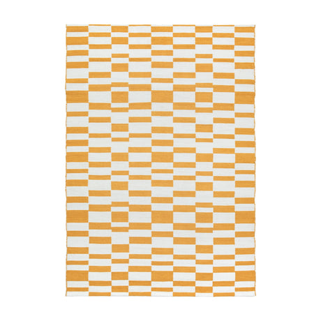 Gallery Direct Kingvane Jacquard Rug in mustard and off-white, with a geometric block and square pattern in a flat low pile.