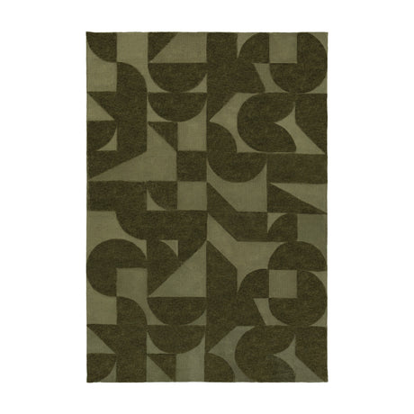 Gallery Direct Corvorne Geometric Block Rug in Olive Green, a flatweave polyester rug with two-tone half circle, quarter round and triangle pattern.
