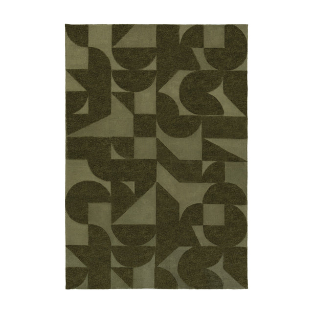Gallery Direct Corvorne Geometric Block Rug in Olive Green, a flatweave polyester rug with two-tone half circle, quarter round and triangle pattern.