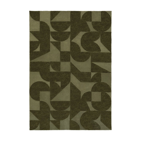 Gallery Direct Corvorne Geometric Block Rug in Olive Green, a flatweave polyester rug with two-tone half circle, quarter round and triangle pattern.