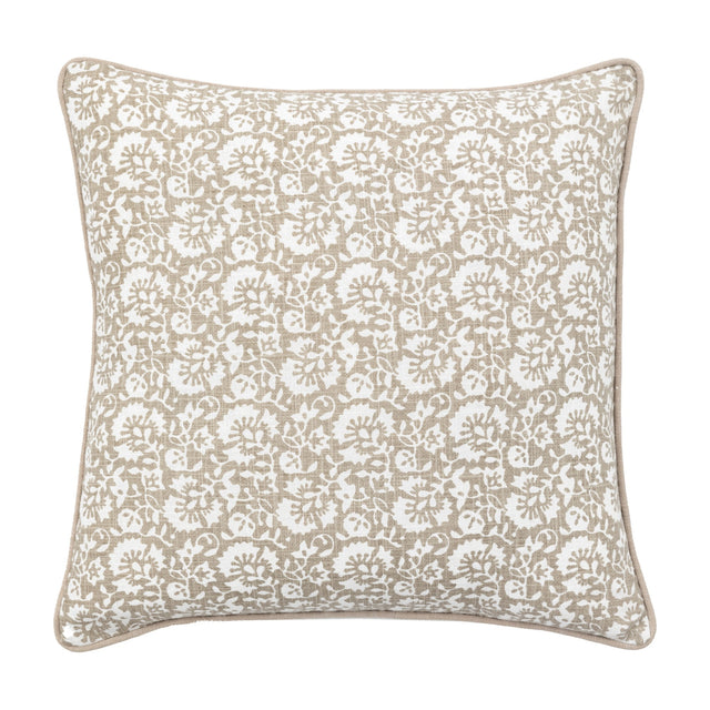 Gallery Direct Morvenne Floral Cushion in taupe with a white block-print floral design and matching piped edging, shown on a plain white background.