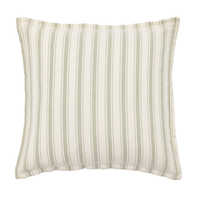 Gallery Direct Alsvenne Woven Stripe Cushion in sage green ticking stripes on cream cotton, square shape, shown on a plain white background.