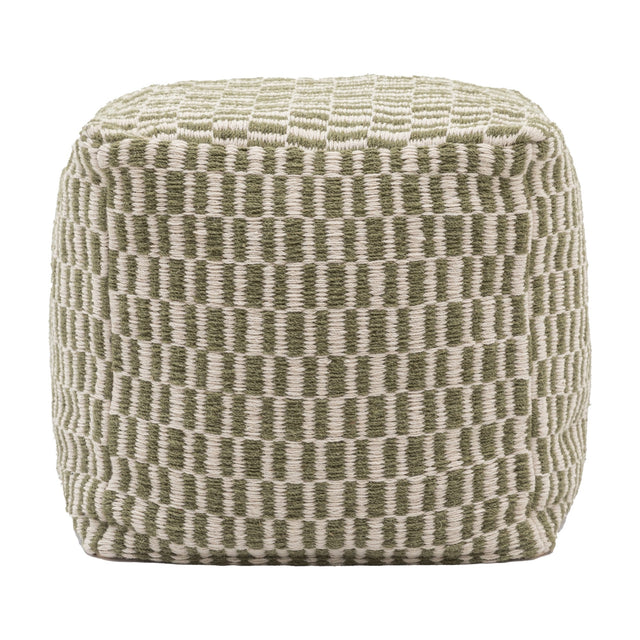 Gallery Direct Rauvane Handwoven Wool Pouffe in Olive green and cream, a cube footstool with two-tone checkerboard weave on a white background.