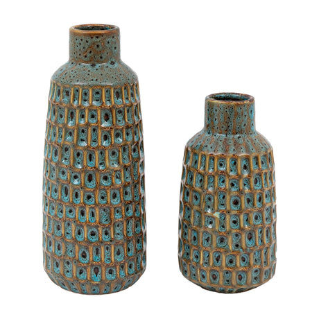 Gallery Direct Renvane Textured Ceramic Vases Set of 2 in Brown and Teal, bottle-shaped with carved dimpled grid pattern, on a white background.