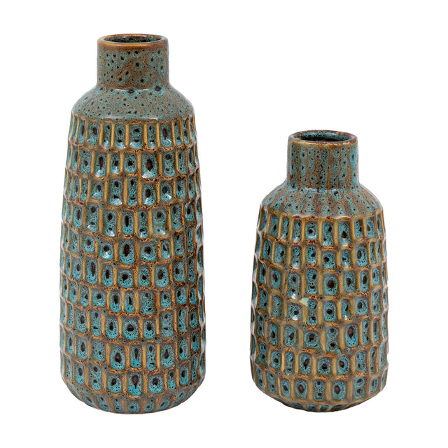 Gallery Direct Renvane Textured Ceramic Vases Set of 2 in Brown and Teal, bottle-shaped with carved dimpled grid pattern, on a white background.