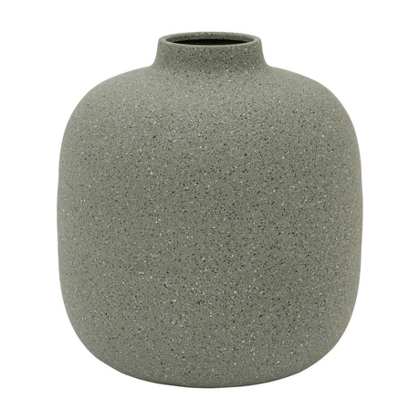 Gallery Direct Govane cast metal vase in olive with a rounded body, short upright neck, and speckled matt finish, shown on a plain white background.
